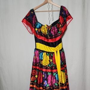 Source Unknown Multicolor Floral One-Shoulder Dress with Yellow Waist Tie